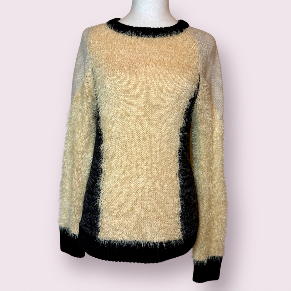 1. State Colorblock Fuzzy Eyelash Knit Pullover Sweater Cream Gray Black Medium